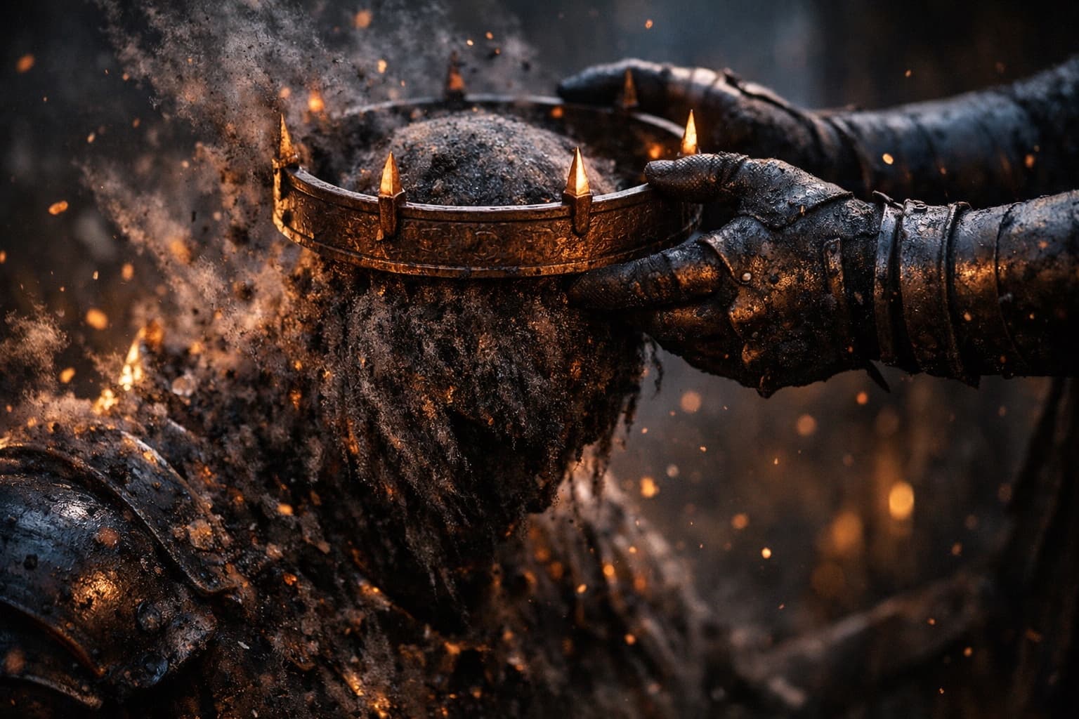 A gauntleted champion raising the Dread Crown amid ash and embers
